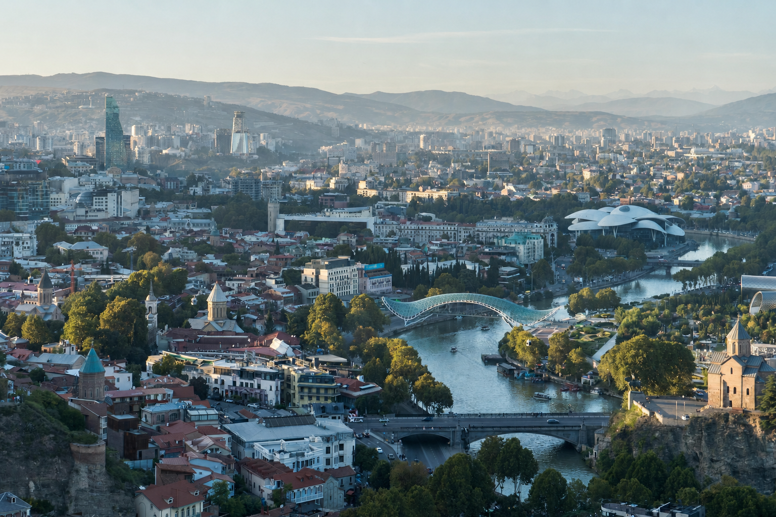 Panoramic view of central Tbilisi, the Mtkvari River and surrounding hills from Tabori Church